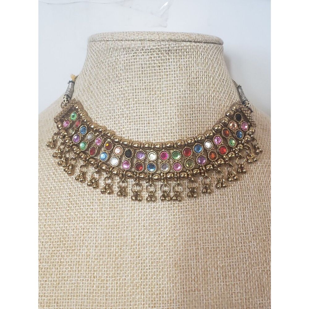 INDIA Reversible & Adjustable Choker Or Bib Necklace Crystals Dangling Beads